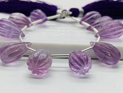 Natural Pink Amethyst Carved Drops Beads - Faceted Gemstone 10 Pcs