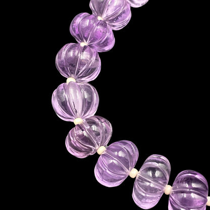 Natural Amethyst Faceted Carved Melon Gemstone Beads 8" Strand