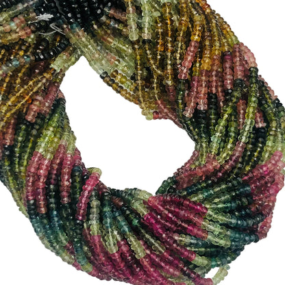 Multi-color tourmaline gemstone bead strands in green, pink, yellow and black hues