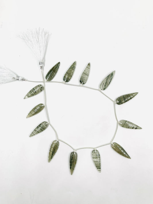 10 Pcs Natural Green rutile Leaf Shape Carved Gemstone Beads Briolette, Green rutile Gemstone for Jewelry Making Size 30x10x4mm gift for her