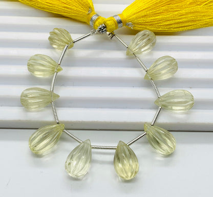 10 Pieces Natural Lemon Quartz Carved Drops Briolette Bead Size 14x8mm to 13x8mm Natural Lemon Quartz Faceted Gemstone Tear drop for Jewelry