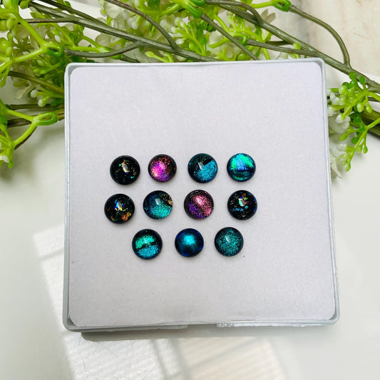 12 Pcs Dichroic Glass Cabochons, Shimmering Rainbow Stones, 10mm