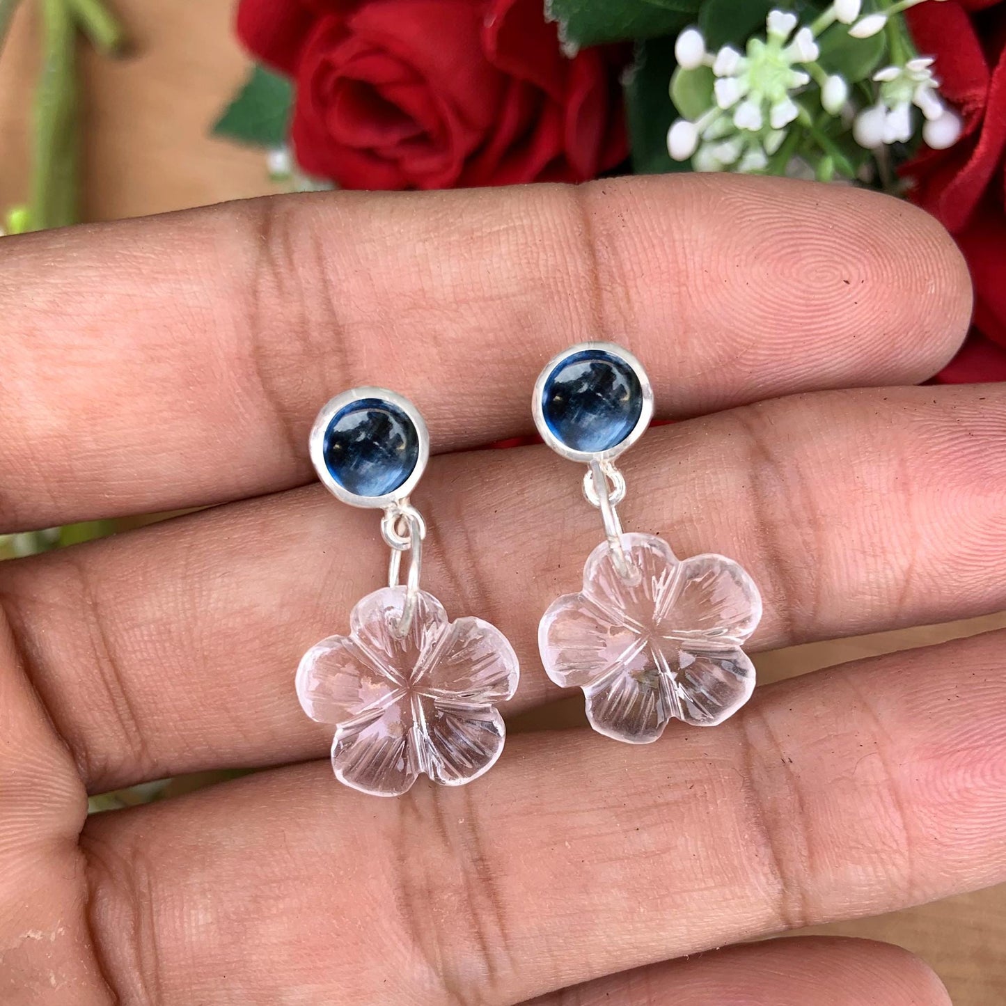 Kyanite & Carved Quartz Floral Dangle Earrings – Sterling Silver Elegance with a Touch of Nature-Inspired Beauty