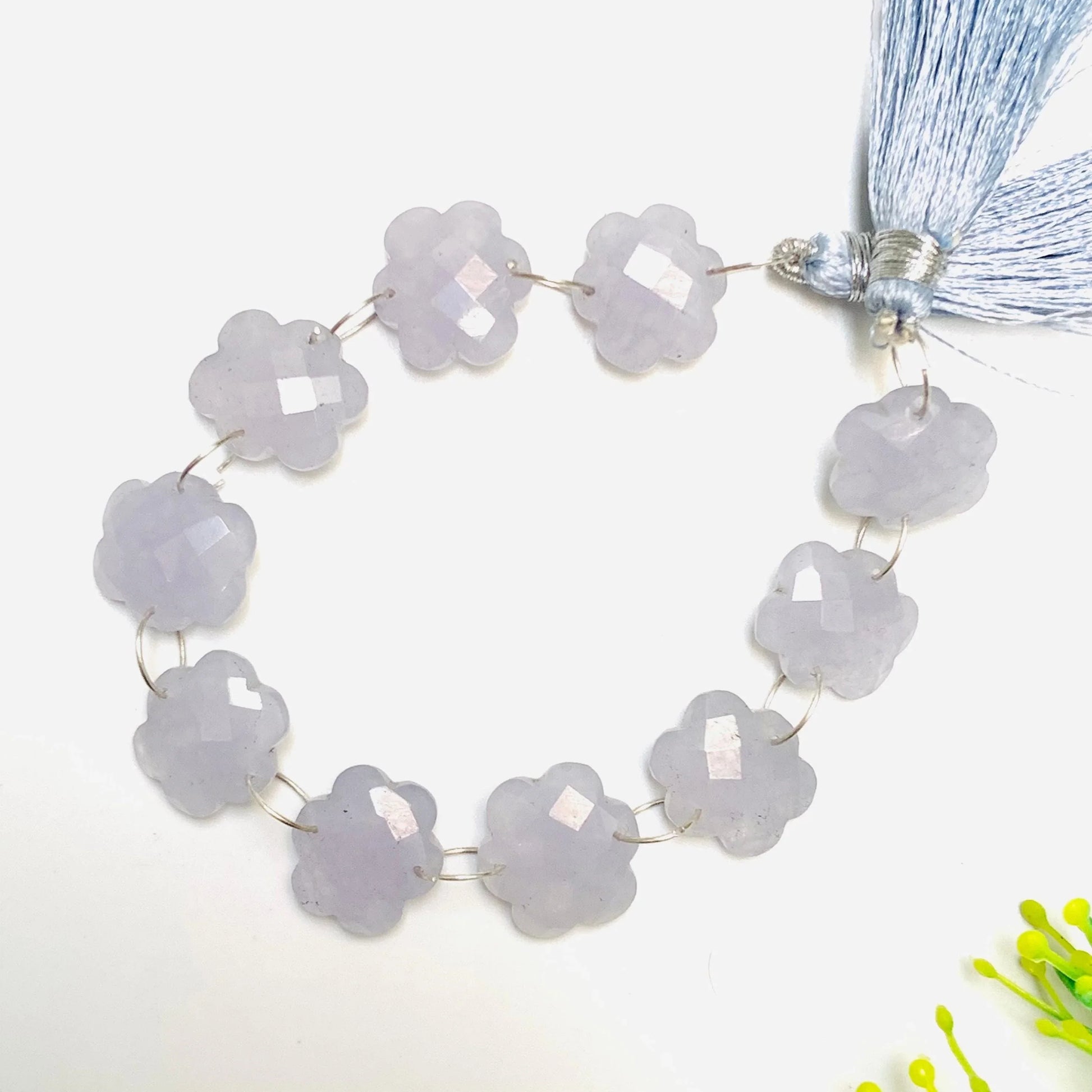 Faceted light blue gemstone flower beads strand with tassel, loose stones for jewelry making