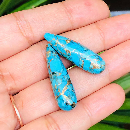 1 Pair Copper Turquoise Smooth Long Drop Gemstone, Size 9x30mm, Matching Pair Briolette, Earring Making Gemstone, SKU - BBI269