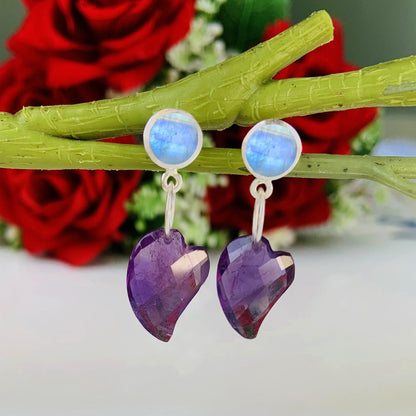 Elegant Amethyst Heart and Moonstone Dangle Earrings – Sterling Silver Handmade Jewelry for a Romantic & Timeless Look