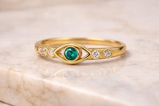 925 Sterling Silver Green CZ Eye Design Ring  Gold Plated
