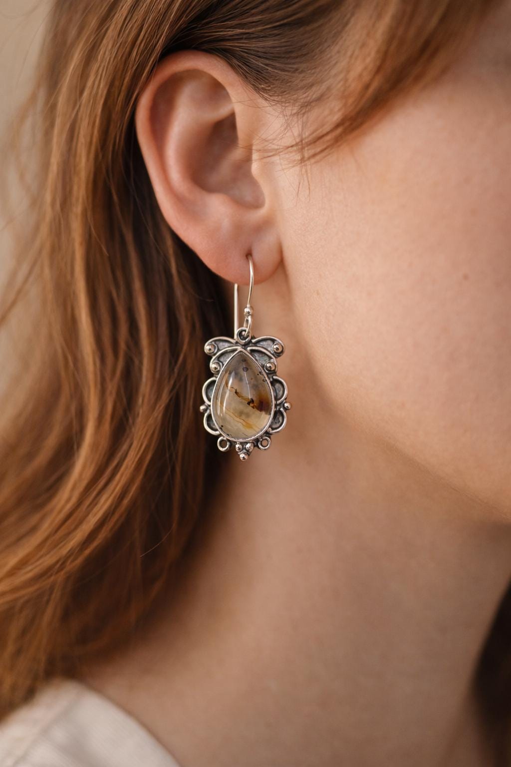 Natural Dendritic Agate Teardrop Silver Earrings | Natural Scenic Agate | Teardrop Scenic Agate | 925 Sterling Silver Handmade Drop Earrings