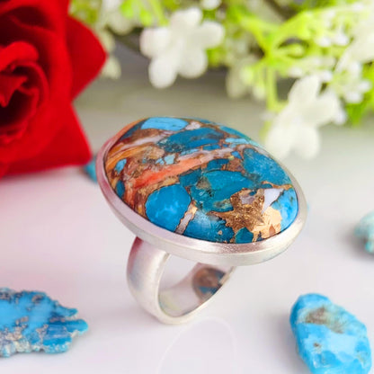 Big Oyster Copper Turquoise Statement Ring - 925 Silver Matte Finish