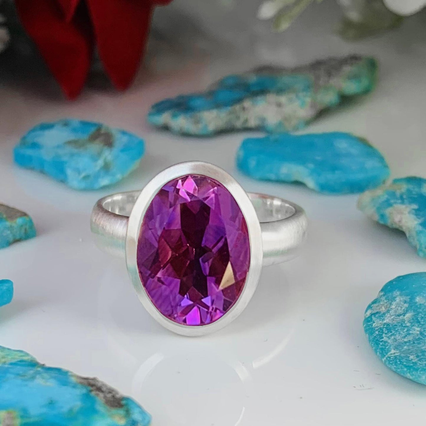 Faceted Oval Purple Amethyst Statement Ring in 925 Silver