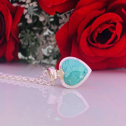Genuine Turquoise Heart Necklace – Sterling Silver Pendant, Gift for Her
