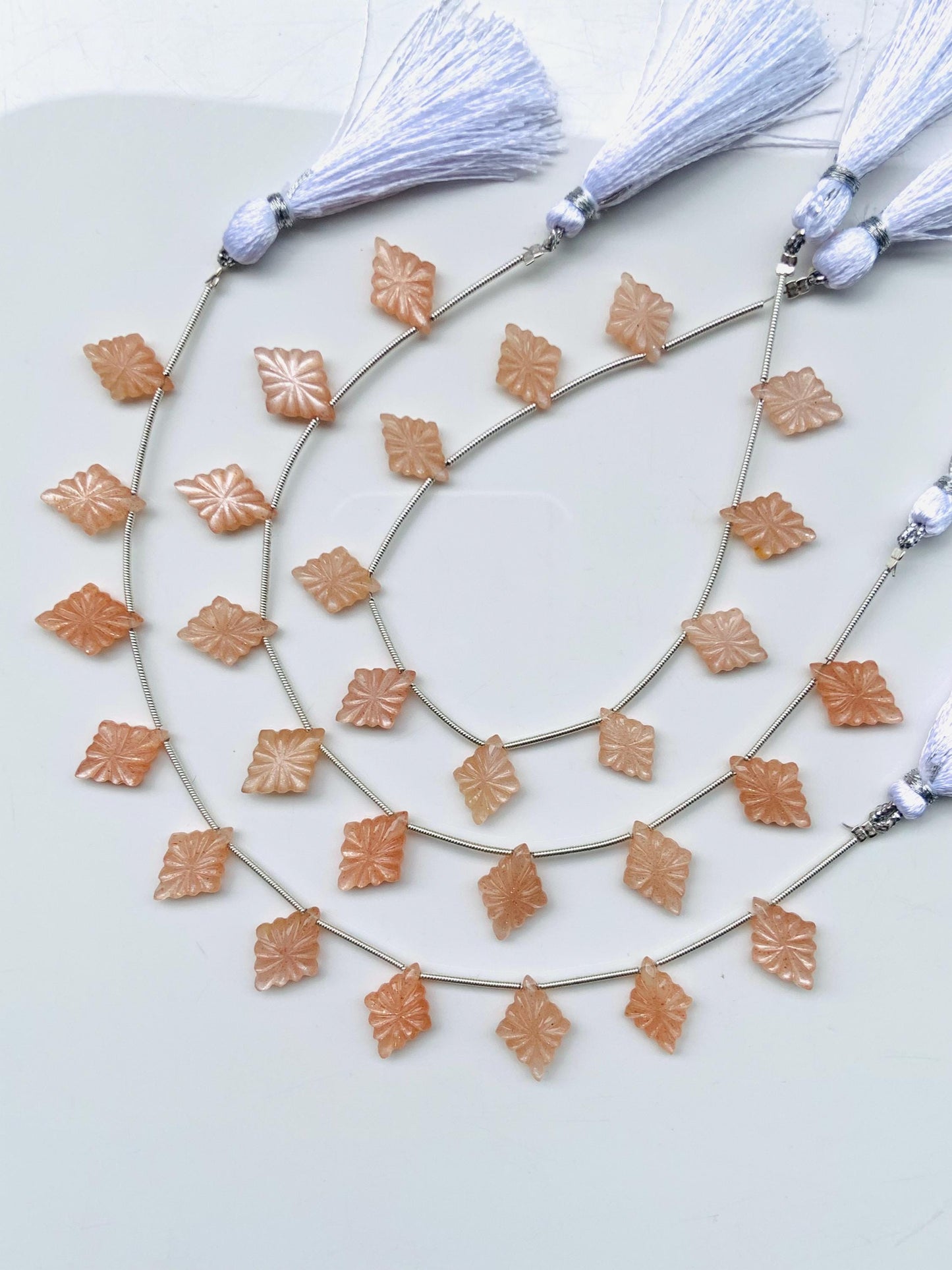 10 Pcs Natural Peach Moonstone Slot Carved Side drill gemstone Fancy shape Briolette lozenge beads for jewelry Size 11x15x4mm gift for her