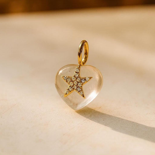 White Crystal Heart and Gold Star CZ Pendant Dainty Necklace for Women