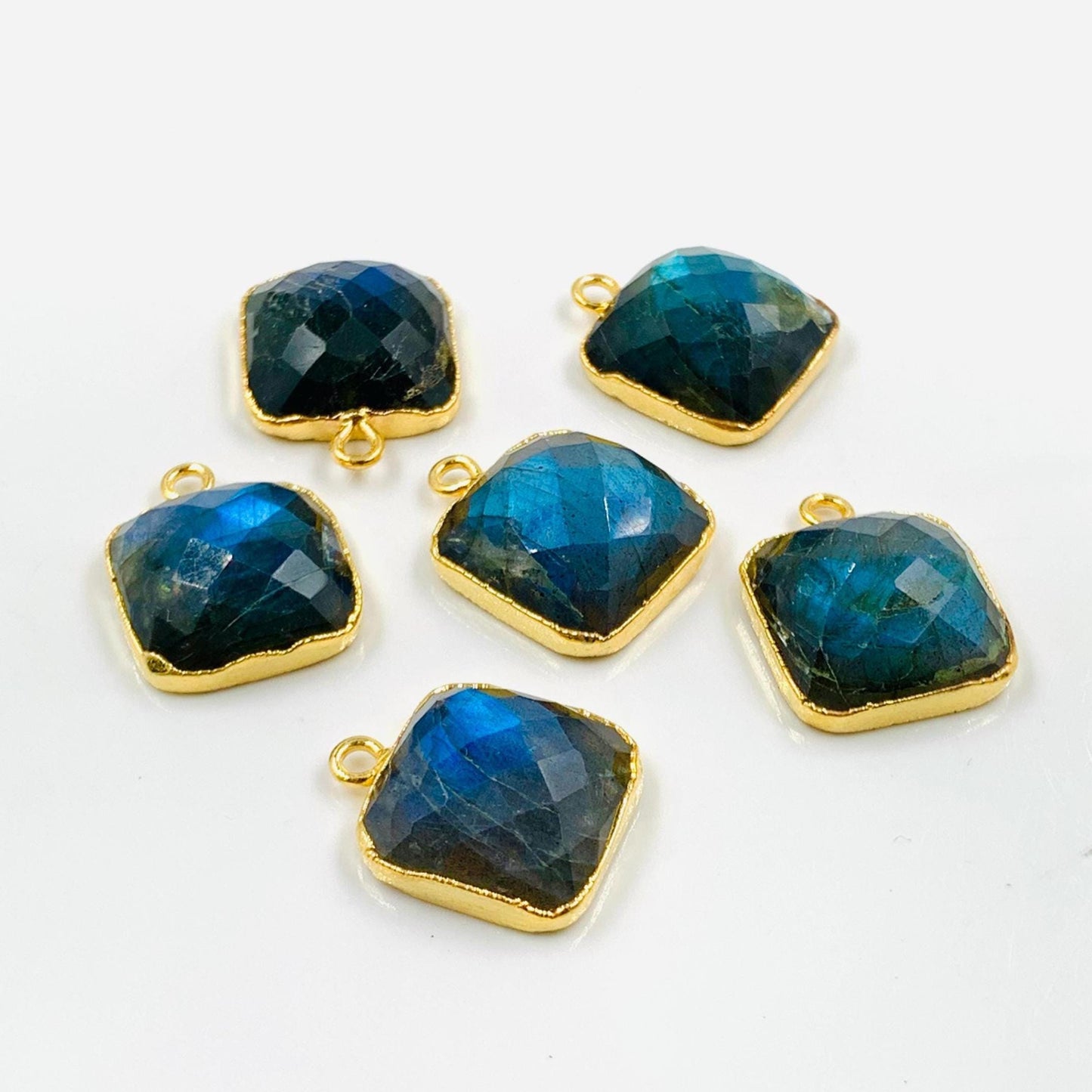 6 Pieces Natural Blue flashy Labradorite Faceted Square Shape Gemstone Gold Bezel Connector Jewelry Making Size 14mm Connectors for pendent