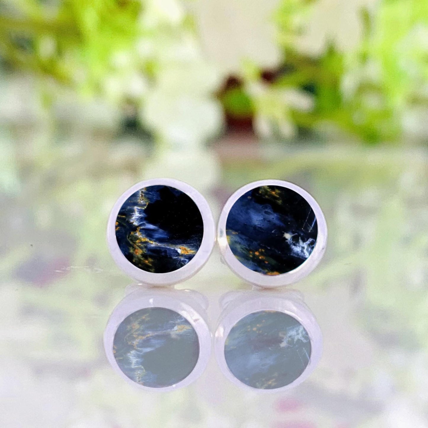 Pietersite Stud Earrings ~ Round Blue Gemstone Earrings ~ Sterling Silver Minimalist Studs ~ Dainty Natural Stone Jewelry ~ Gift for Her