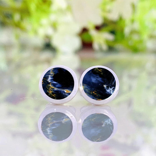 Pietersite Stud Earrings ~ Round Blue Gemstone Earrings ~ Sterling Silver Minimalist Studs ~ Dainty Natural Stone Jewelry ~ Gift for Her