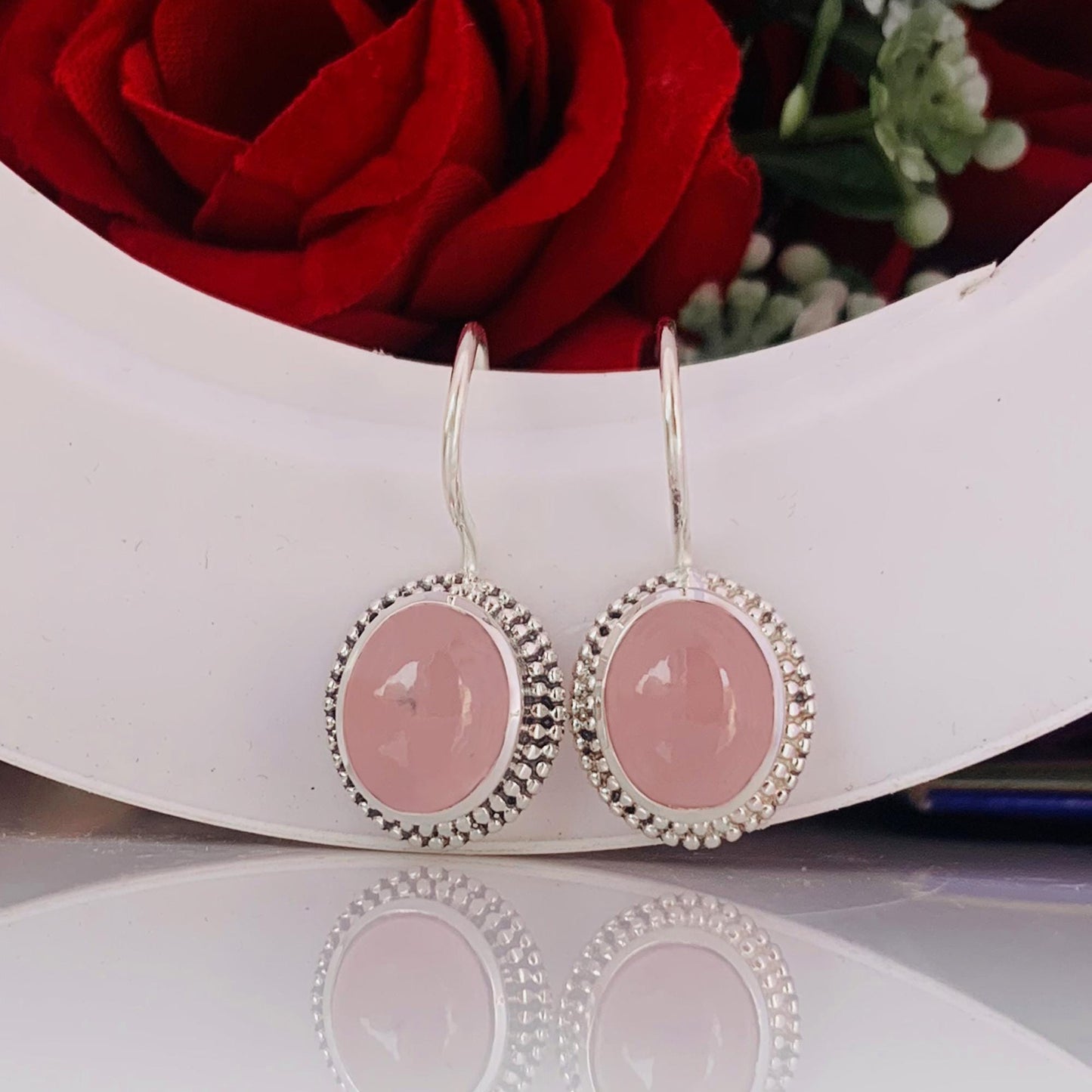 Pastel Pink Rose Quartz Silver Earrings ~ Boho Silver Jewelry For Her ~ Dangling Statement Earrings ~ Oval Shape Stone Earrings ~ E-0019