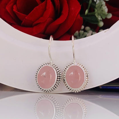 Pastel Pink Rose Quartz Silver Earrings ~ Boho Silver Jewelry For Her ~ Dangling Statement Earrings ~ Oval Shape Stone Earrings ~ E-0019