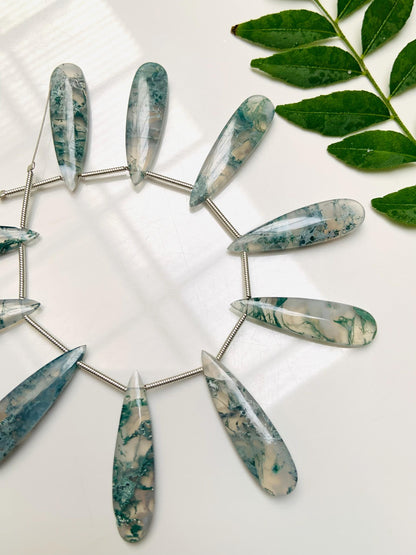 10 Pieces Natural Moss agate Smooth Long Pear Shape Side drill Gemstone, Size 8x30mm, Matching Pair Briolette, Earring Making gemstone beads
