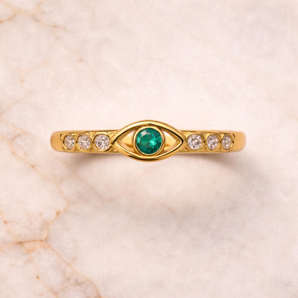 925 Sterling Silver Green CZ Eye Design Ring  Gold Plated
