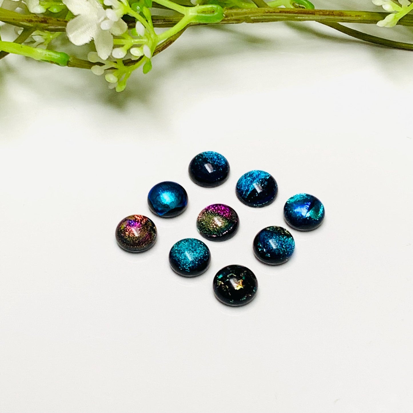 12 Pcs Dichroic Glass Cabochons, Shimmering Rainbow Stones, 10mm
