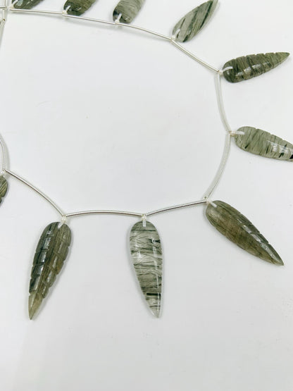 10 Pcs Natural Green rutile Leaf Shape Carved Gemstone Beads Briolette, Green rutile Gemstone for Jewelry Making Size 30x10x4mm gift for her