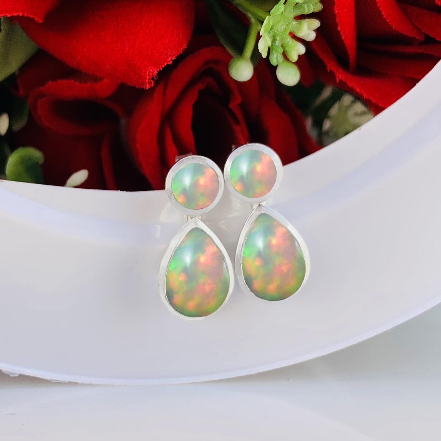 Dainty Opal Studs ~ Deliciated Silver Jewelry ~ Minimalist Fashion Earrings For Her ~ October Birthstone Jewelry ~ Gift For Mom ~ E-0080