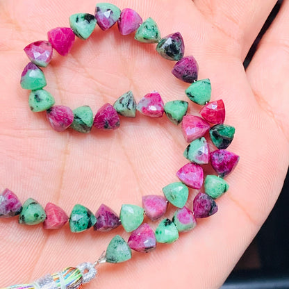 Natural Ruby Zoisite Trillion Shape Faceted Briolette Beads – 6mm, 8” Strand