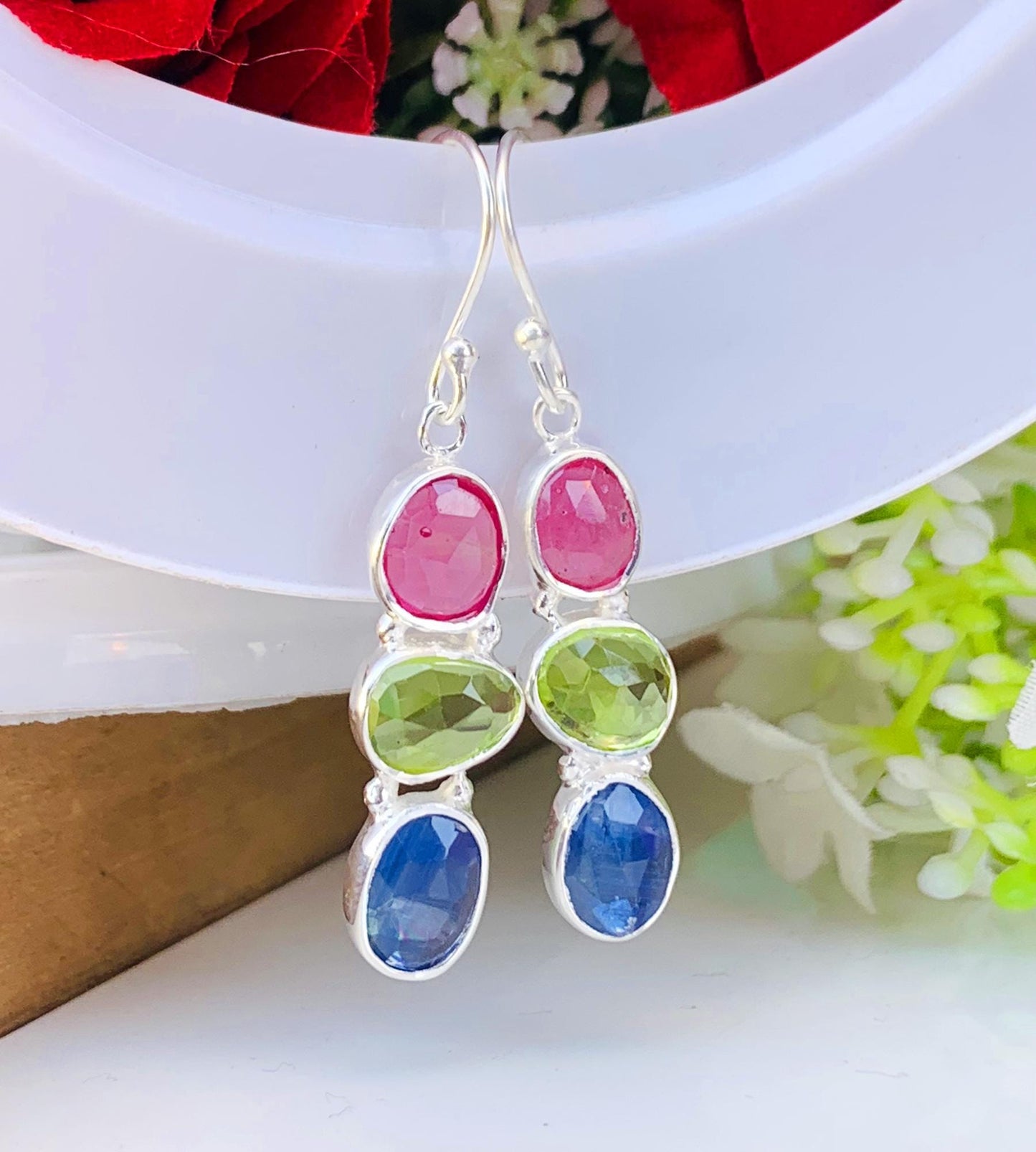 Rosecut Ruby, Peridot and kyanite combination silver Earrings ~ Birthstone Earrings ~ Birthday Gift For Her ~ Handmade Silver Jewelry ~ E-45