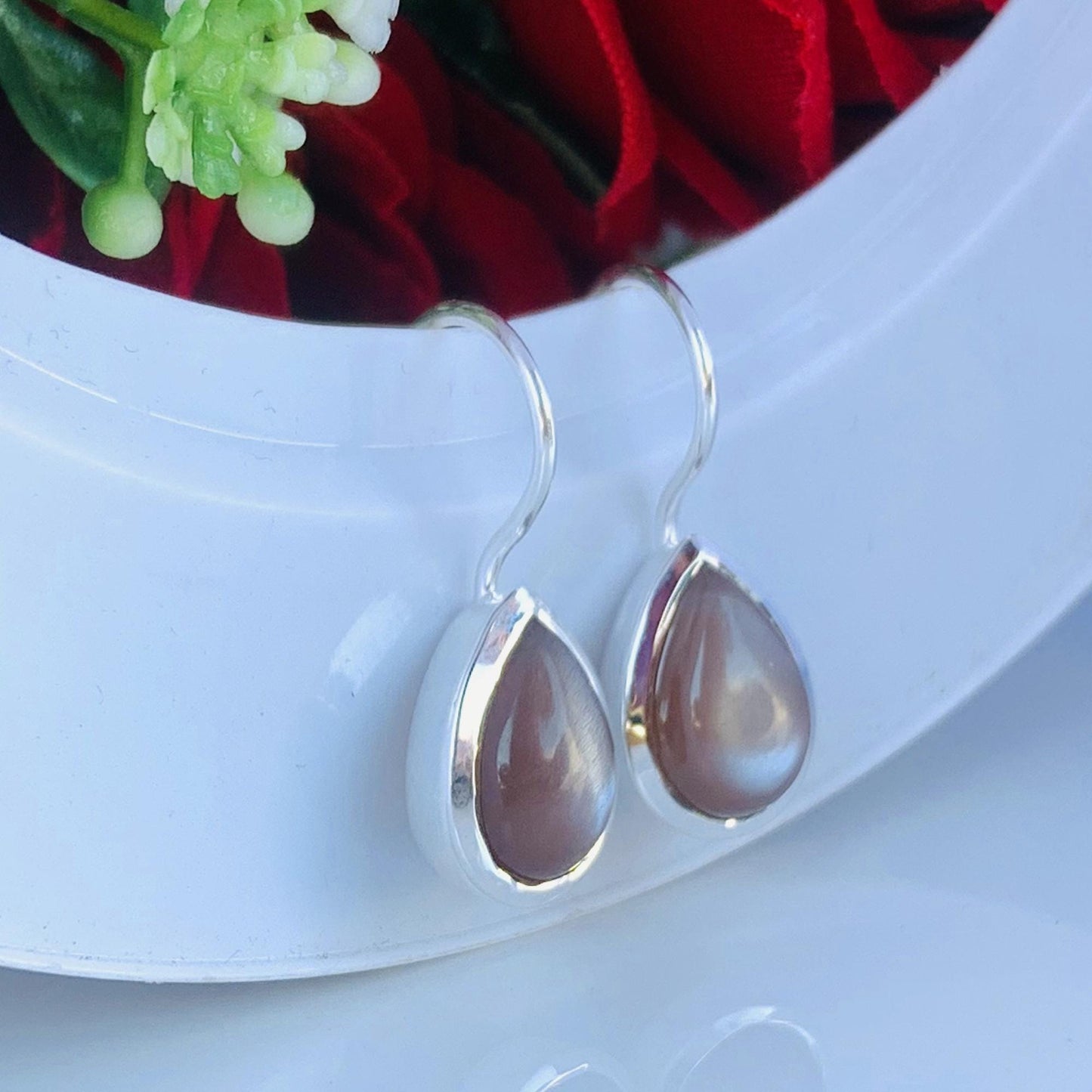 Silk Moonstone Earrings ~ Chocolate Color ~ Pear Shape ~ Sterling Silver Earrings ~ Birthday Gift For Her ~ Statement Earrings ~ E-0017