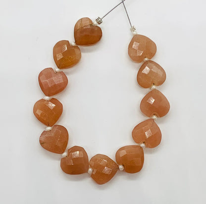 12 Pieces Natural Peach Moonstone Faceted Heart Shape Gemstone, Size 10mm, Hand Carved Briolette Beads, Loose Stone For Jewelry. BBI330