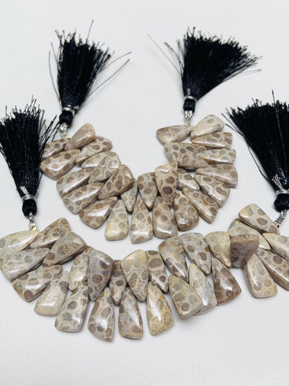 Fossil Coral Briolette Beads – Sail Crown Cut, Side Drilled 4 Inch Strand 8x16-9x18mm
