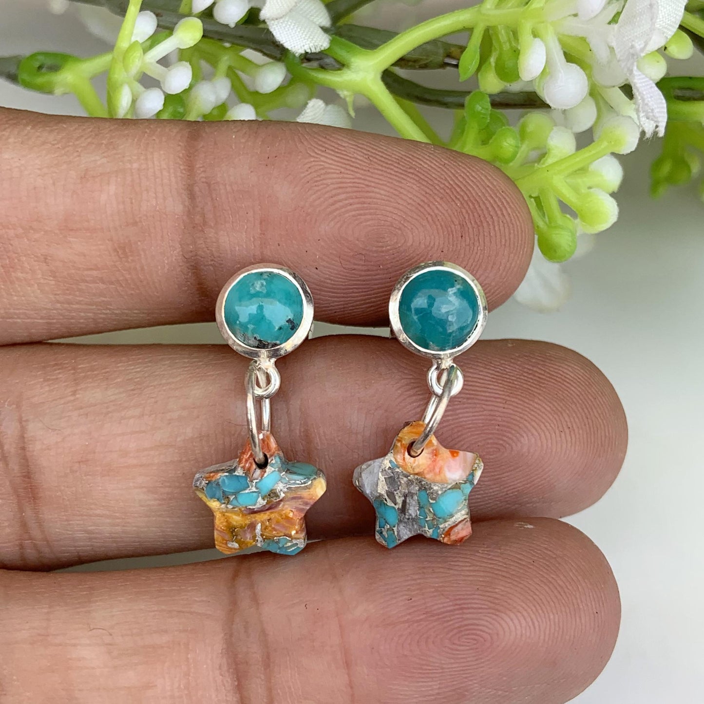 Turquoise & Oyster Copper Star Dangle Earrings – Sterling Silver Handmade Boho Jewelry