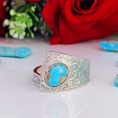 Adjustable Turquoise Boho Ring | Chunky Patterned Silver Band | Gift for Her - BeadsBoatInc