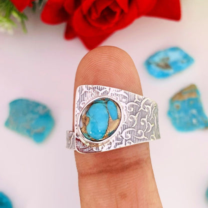 Adjustable Turquoise Boho Ring | Chunky Patterned Silver Band | Gift for Her - BeadsBoatInc