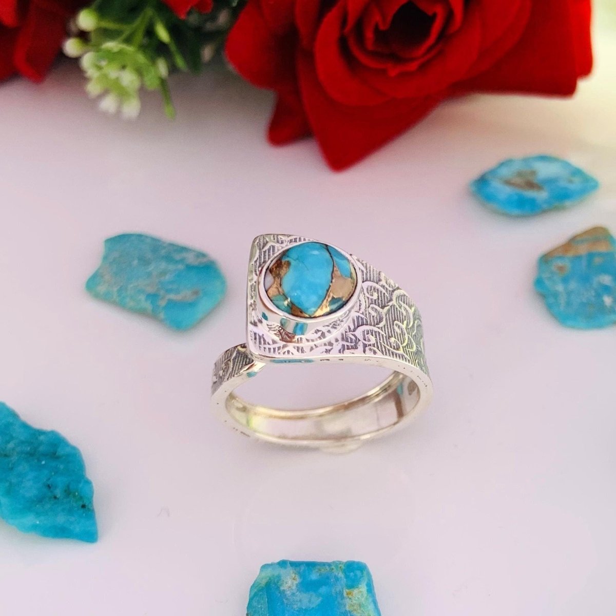 Adjustable Turquoise Boho Ring | Chunky Patterned Silver Band | Gift for Her - BeadsBoatInc