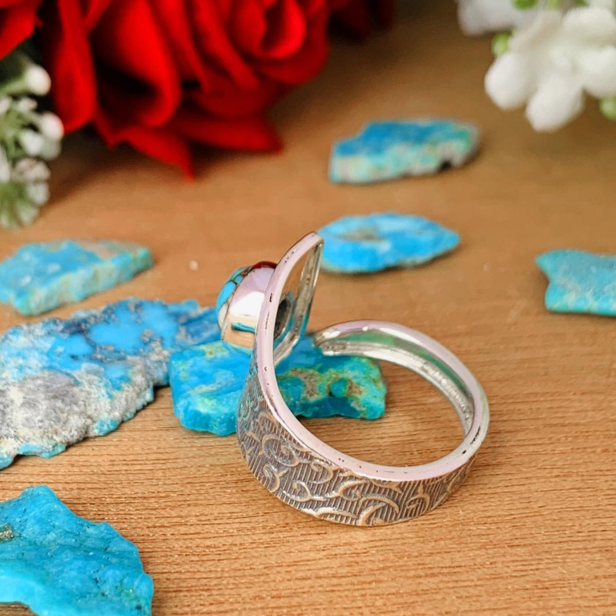 Adjustable Turquoise Boho Ring | Chunky Patterned Silver Band | Gift for Her - BeadsBoatInc