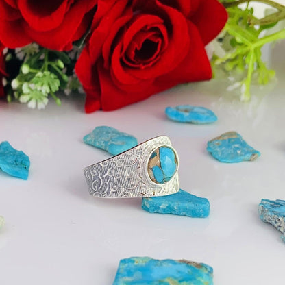 Adjustable Turquoise Boho Ring | Chunky Patterned Silver Band | Gift for Her - BeadsBoatInc