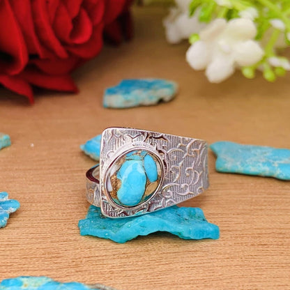 Adjustable Turquoise Boho Ring | Chunky Patterned Silver Band | Gift for Her - BeadsBoatInc