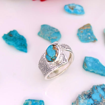 Adjustable Turquoise Boho Ring | Chunky Patterned Silver Band | Gift for Her - BeadsBoatInc
