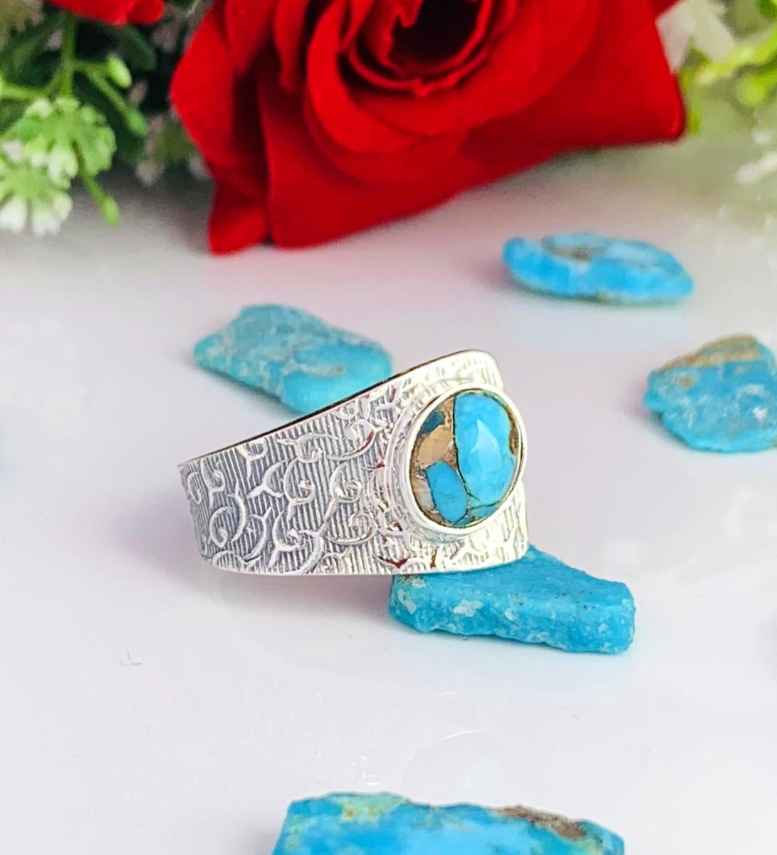 Adjustable Turquoise Boho Ring | Chunky Patterned Silver Band | Gift for Her - BeadsBoatInc