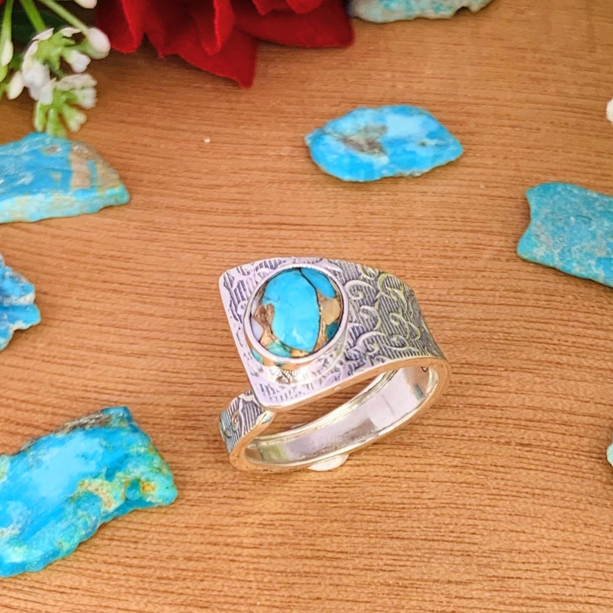 Adjustable Turquoise Boho Ring | Chunky Patterned Silver Band | Gift for Her - BeadsBoatInc