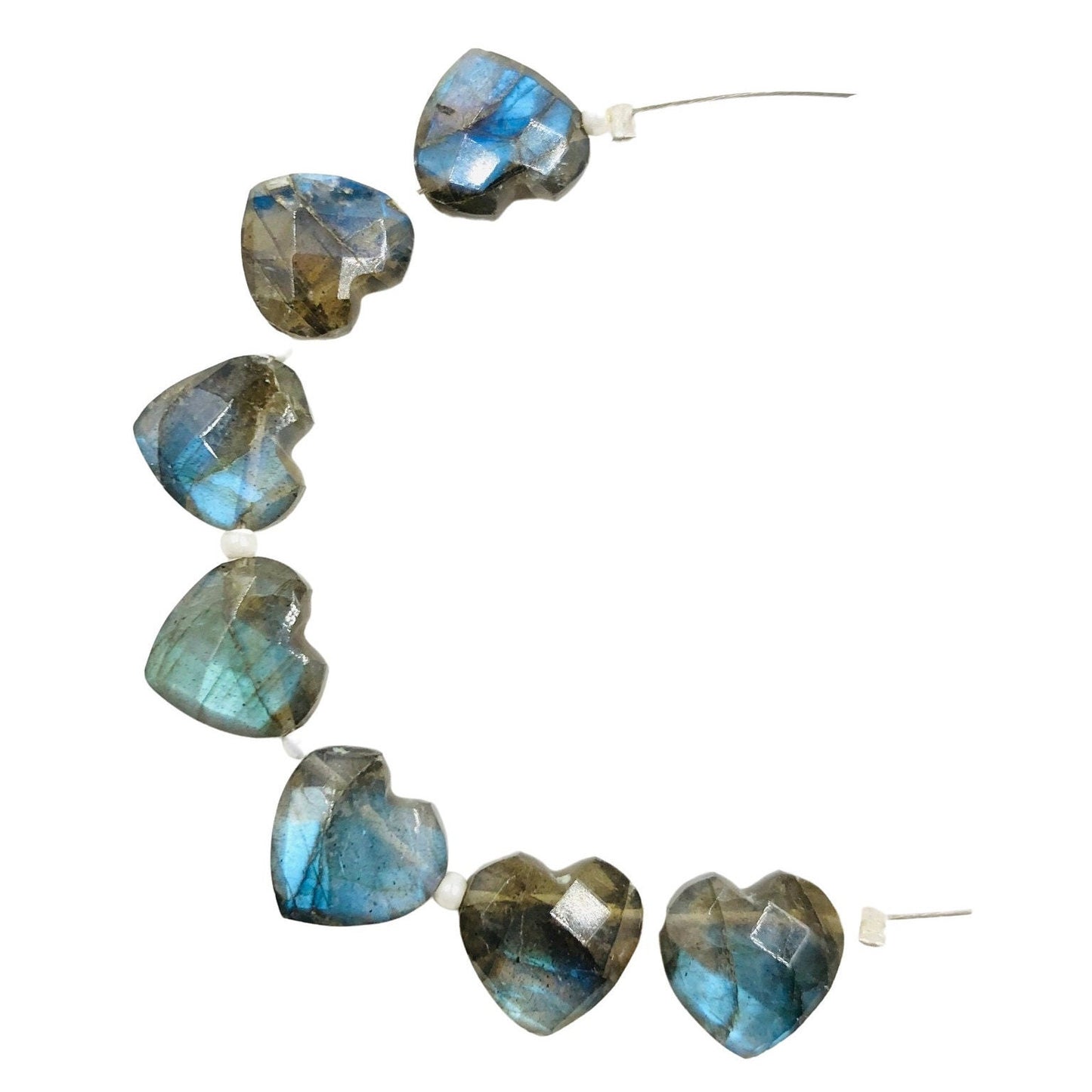 Natural Labradorite Heart Beads 7 Pcs – Faceted Carved Blue Flash Gemstone