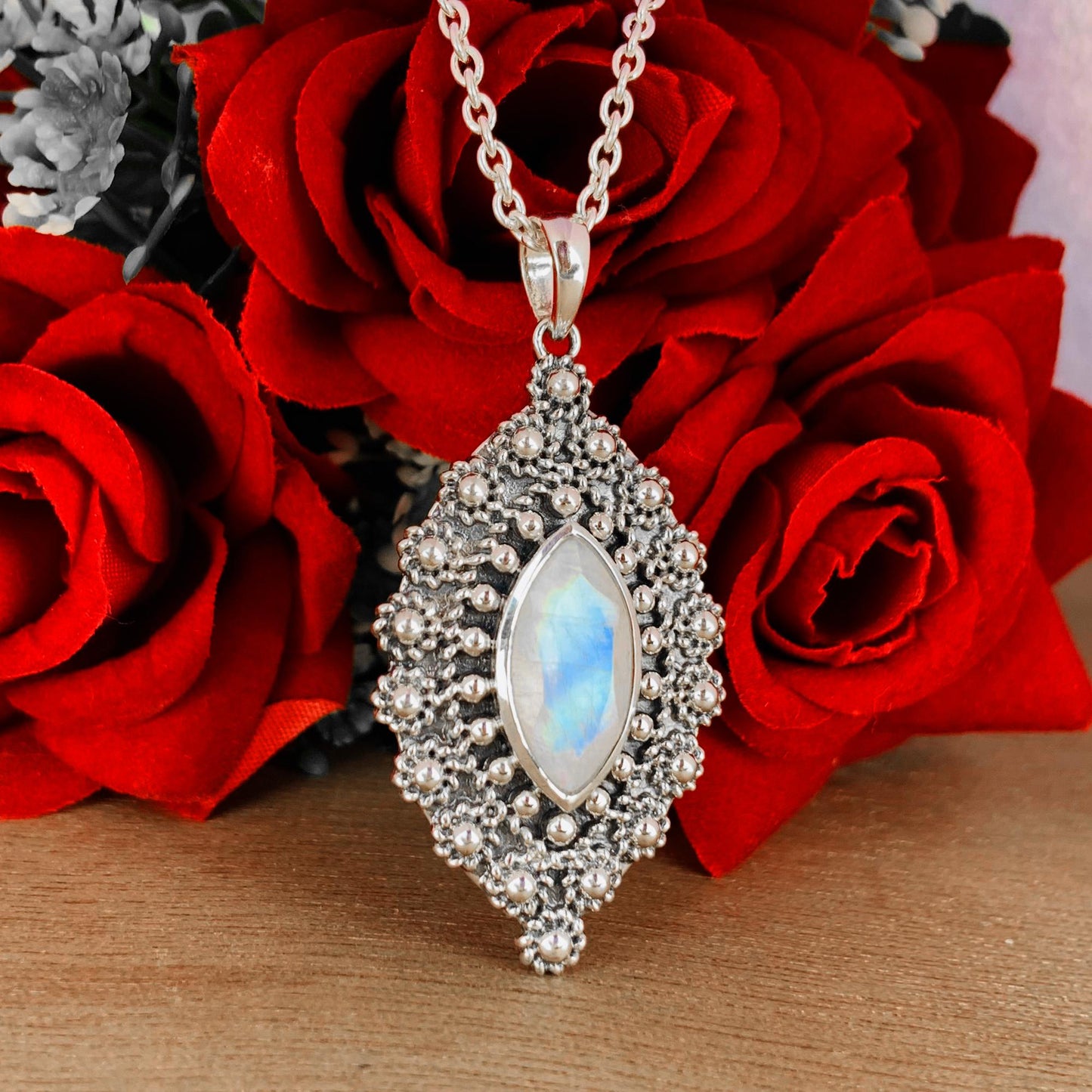 Rainbow moonstone Boho Silver Jewelry ~ Handmade Designer Jewelry ~ Ornate Style Silver Pendant ~ Gift For Her ~ P-0021