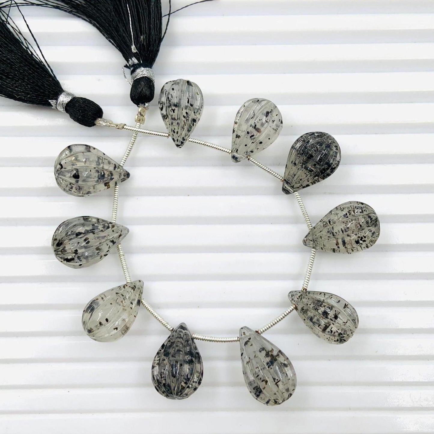 10 Pieces Natural Black Dot Quartz Carved Drops Briolette Beads Size 16x10mm black Dot Quartz Faceted Gemstone Tear drops for Jewelry making