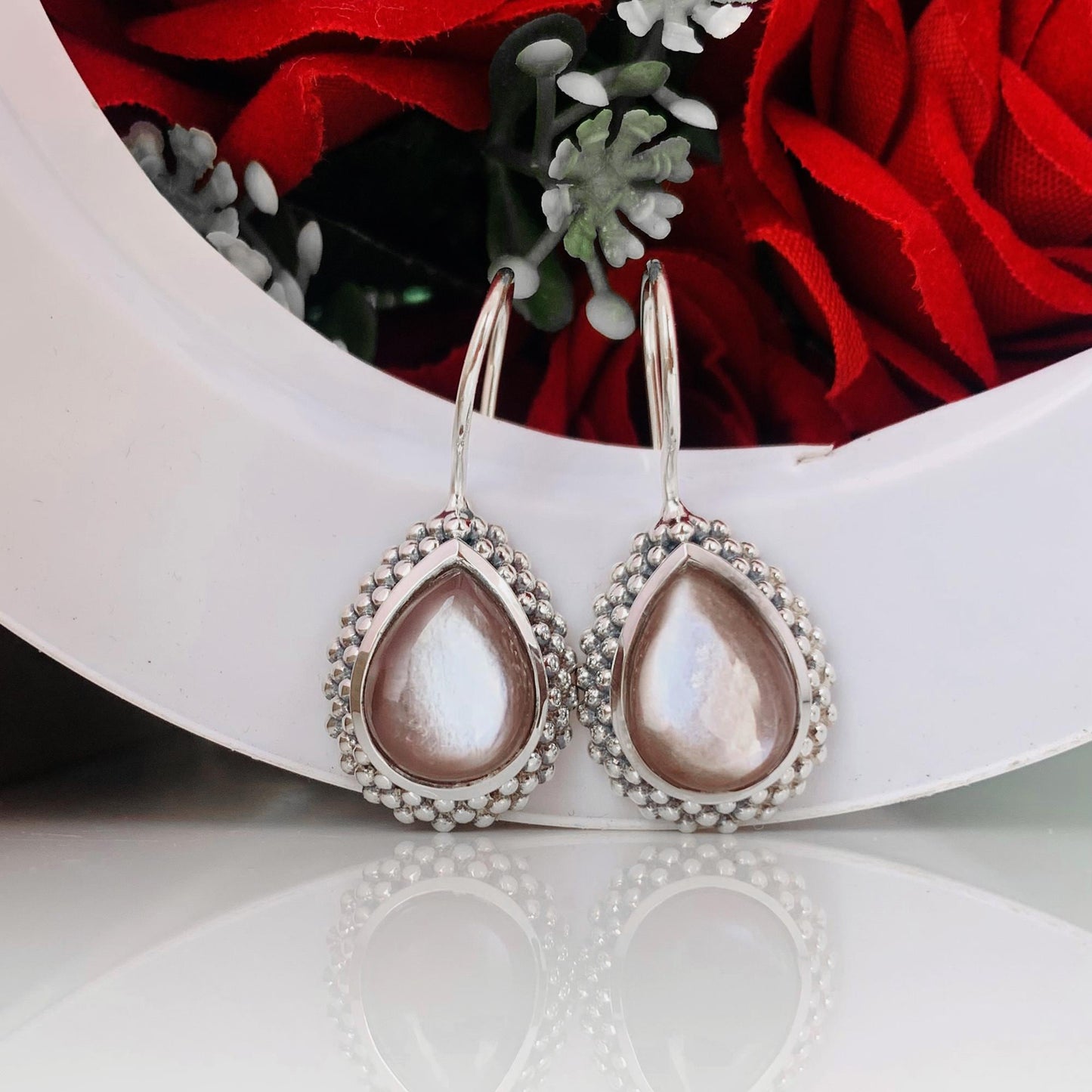 Silk Moonstone Earrings ~ Chocolate Color ~ Pear Shape ~ Sterling Silver Earrings ~ Birthday Gift For Her ~ Statement Earrings ~ E-0017