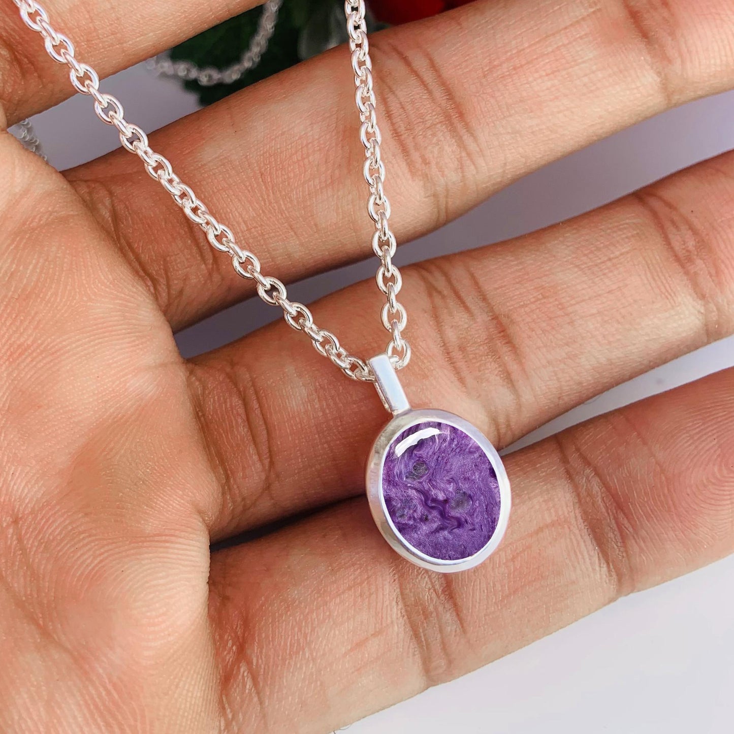 Charoite Pendant Necklace – Purple Gemstone Sterling Silver Round Pendant