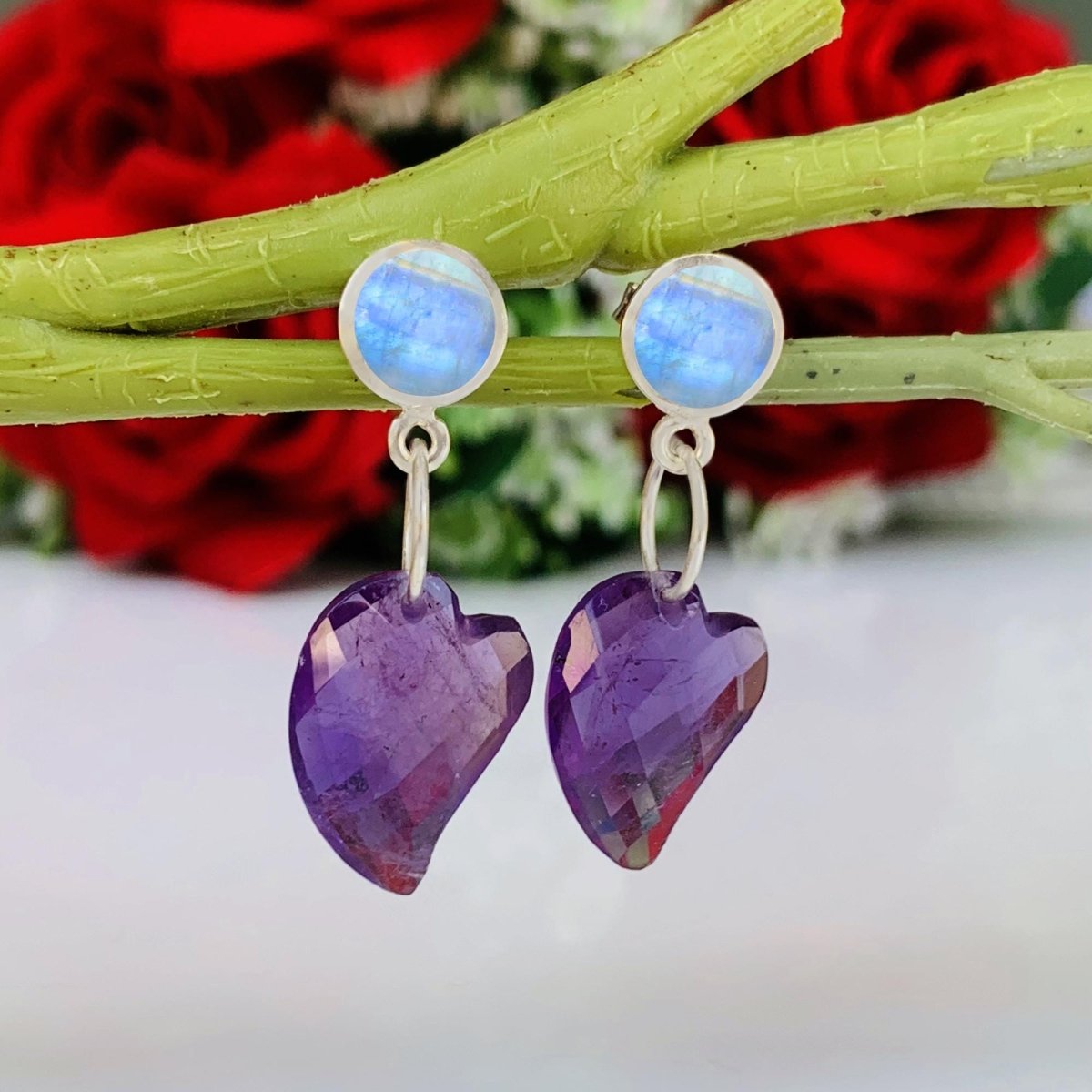 Amethyst Moonstone Dangle Earrings in 925 Sterling Silver Minimalist Gift for Her - BeadsBoatInc