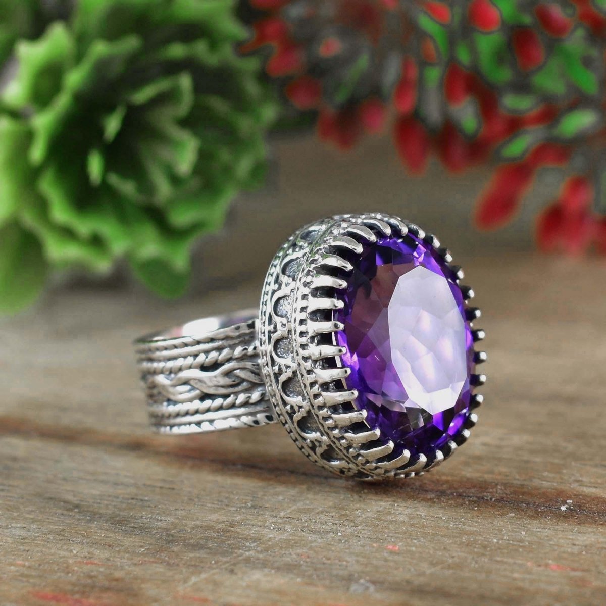 Amethyst Statement Ring – Sterling Silver Boho Ring for Her - BeadsBoatInc