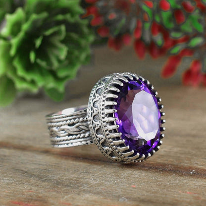 Amethyst Statement Ring – Sterling Silver Boho Ring for Her - BeadsBoatInc
